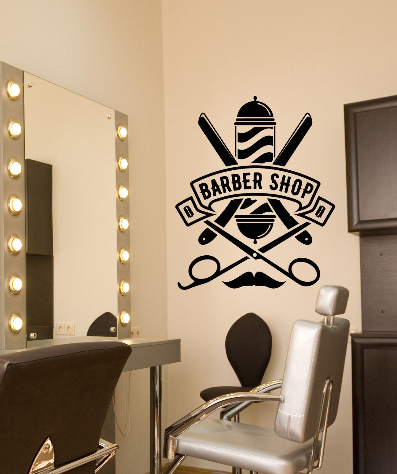 Vinyl-Wandaufkleber, Motiv: Barbershop, Beauty Salon, Logo, Rasiermesser (3277ig)