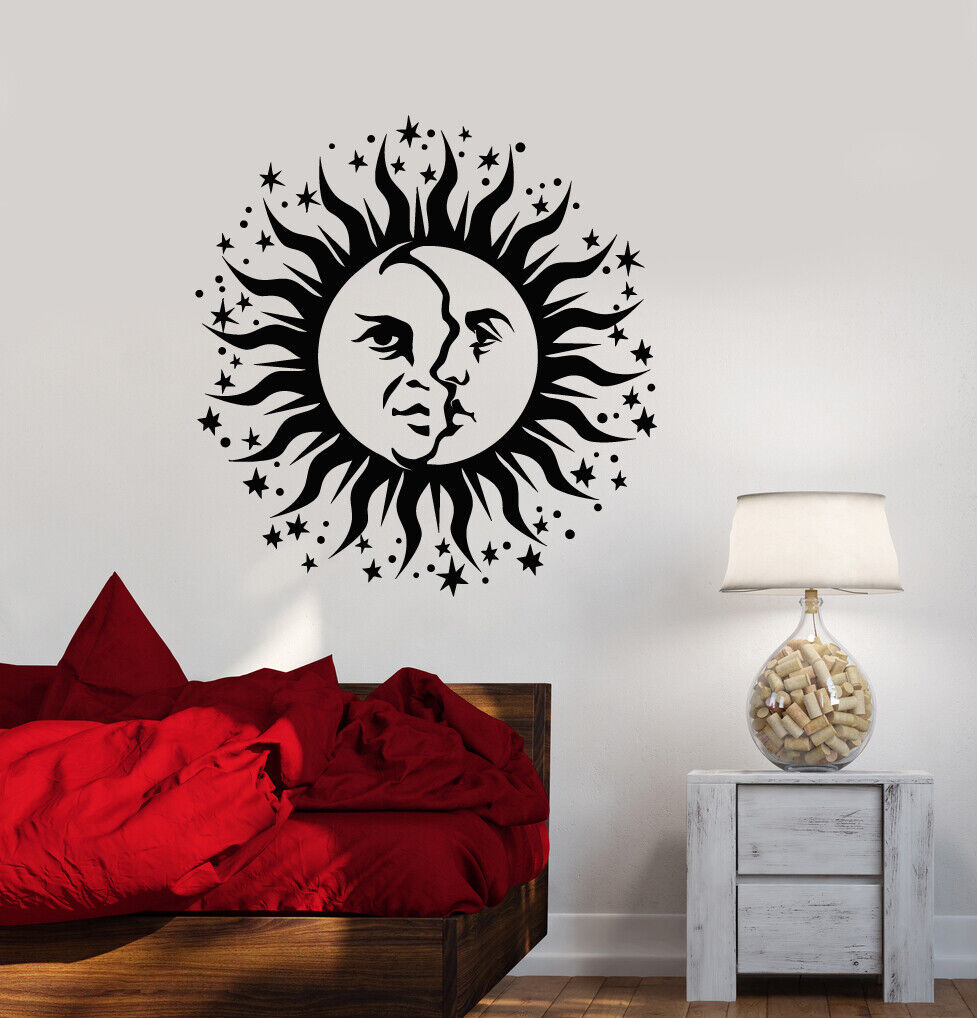 Autocollant mural en vinyle, autocollants de décoration de chambre à coucher avec visage de croissant de lune et de soleil (3370ig)