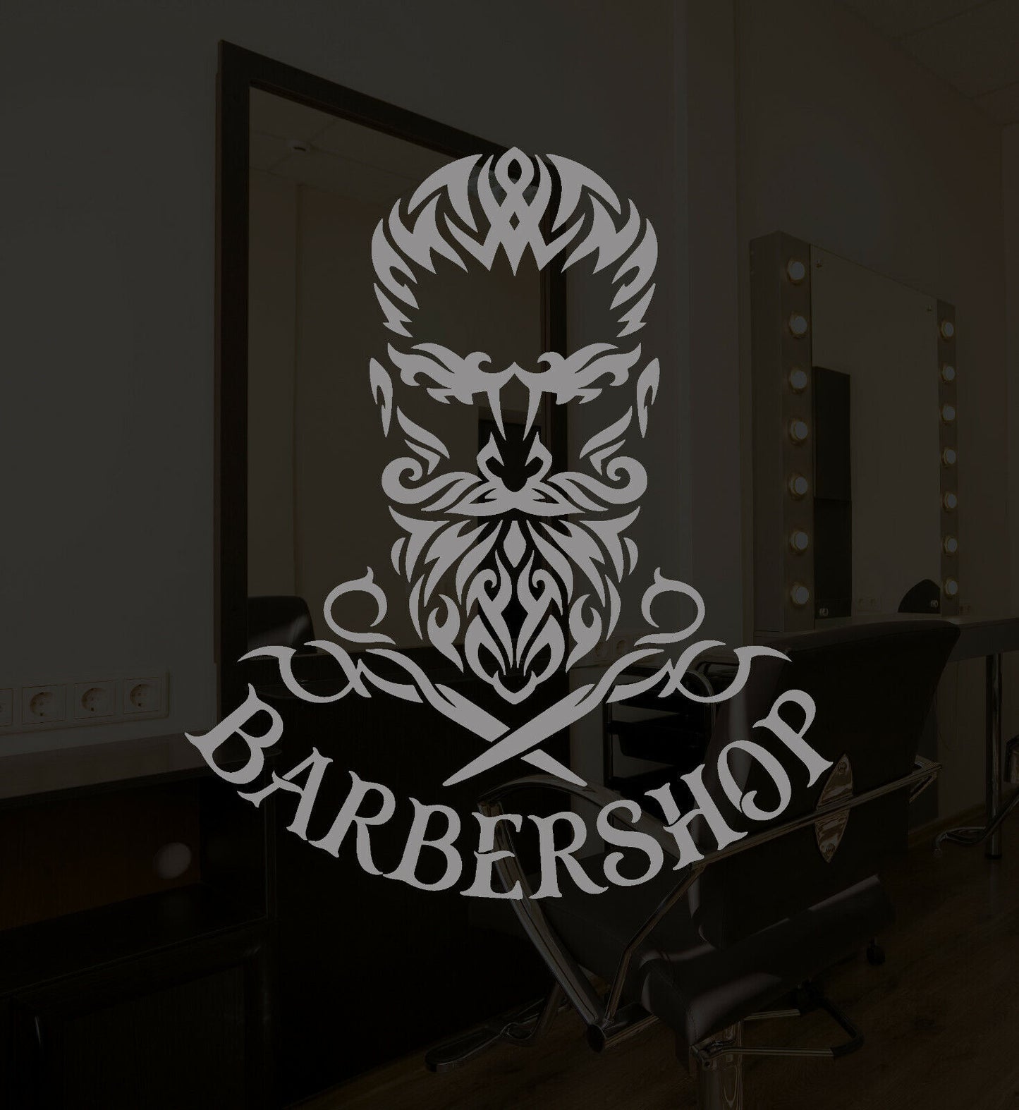 Wandtattoo Barbershop Logo Schere Hipster Bart Vinyl Aufkleber (3587ig)