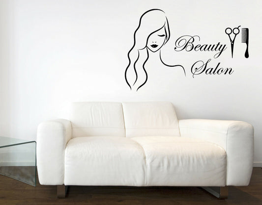 Wall Vinyl Decal Beautiful Woman Beauty Salon Sign with Barber Tools (n1069)