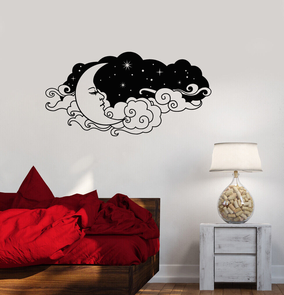 Autocollant mural en vinyle, croissant de ciel, visage, nuages, décoration de chambre à coucher (3745ig)