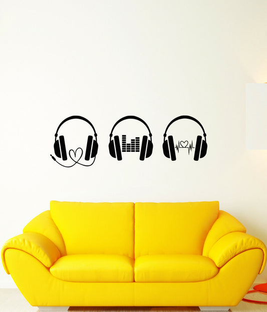 Vinyl Wall Decal Musical Headphones Music Lover Heart Beat Stickers (3751ig)