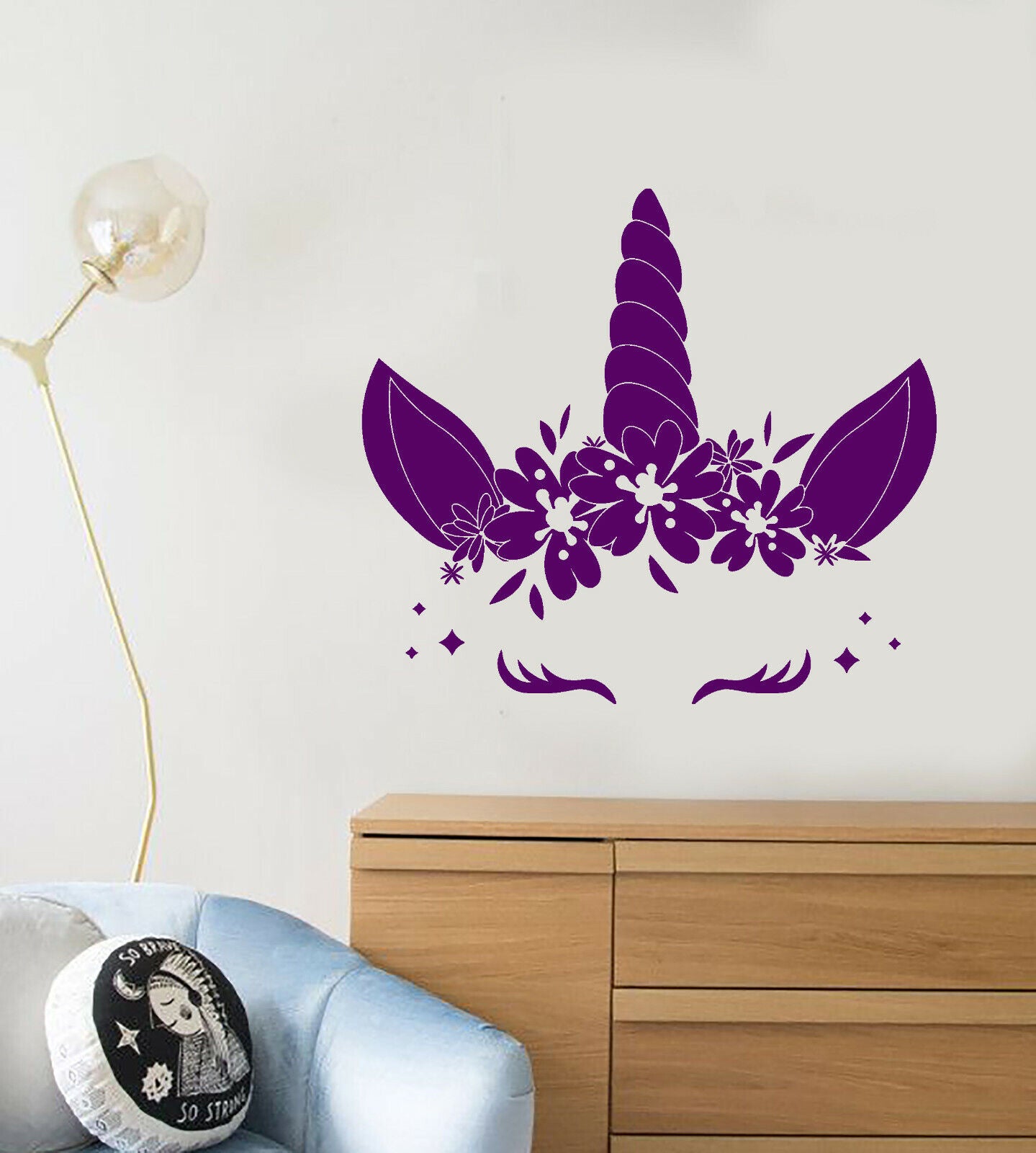 Autocollant mural en vinyle, dessin animé, corne de licorne mignonne, autocollants de décoration pour chambre de bébé (3769ig)