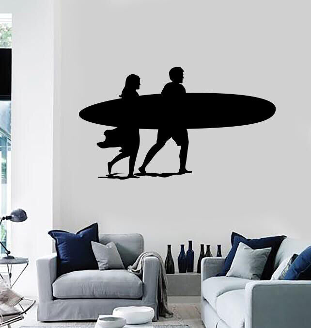 Autocollants muraux en vinyle pour Couple de Surf, décor de vacances en mer et océan (n1098)