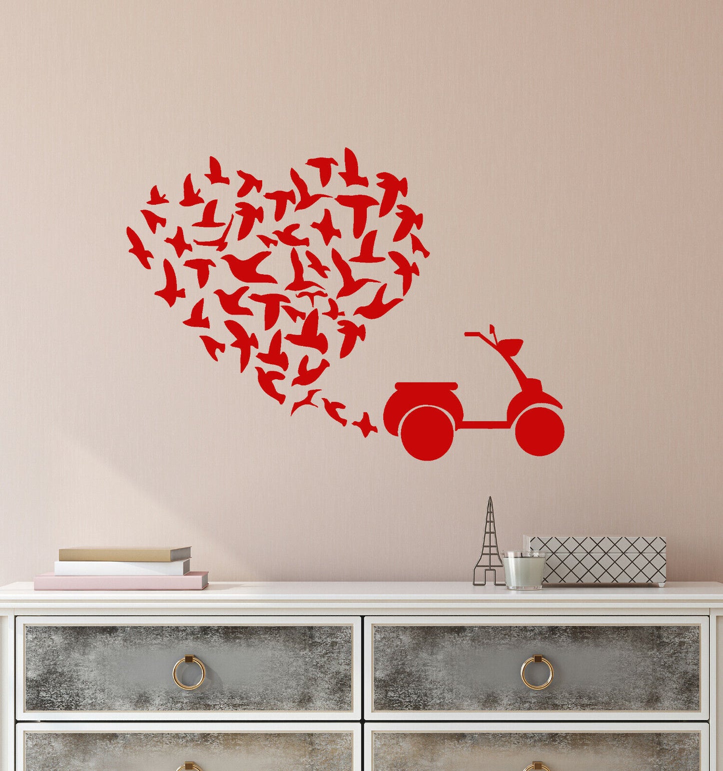 Autocollant mural en vinyle pour Scooter, autocollant romantique en forme de cœur, troupeau d'oiseaux (3781ig)