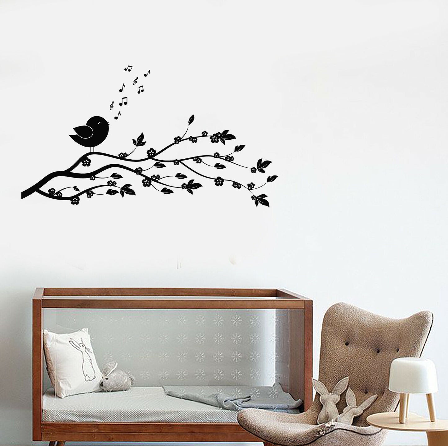 Autocollant mural en vinyle, branche d'arbre de dessin animé avec fleurs, autocollants d'oiseaux chanteurs (3795ig)