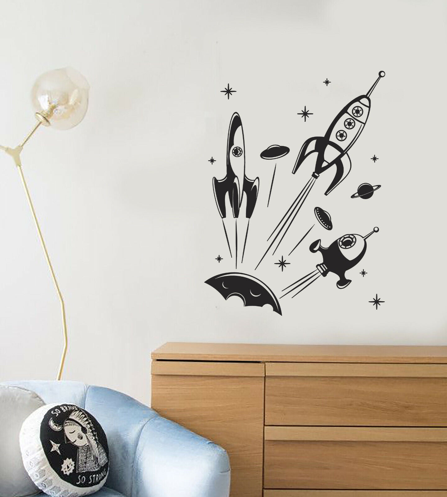 Wandtattoo Raumschiffe Astronaut Rakete Mond Sterne Weltraum Vinyl Aufkleber (3812ig)