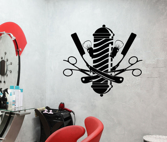 Autocollant mural en vinyle avec Logo de salon de coiffure, ciseaux, rasoir droit, autocollants (3815ig)