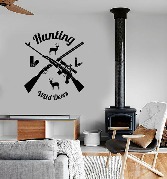 Vinyl Wall Decal Hunting Club Logo Wild Deer Guns Hobby Stickers (3843ig)