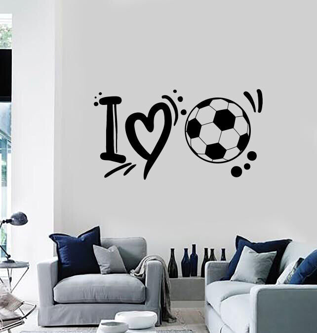 Wandaufkleber mit Aufschrift „I Love Soccer“, Vinyl, mit Herz und Ball, Worte, Satz (n1173)