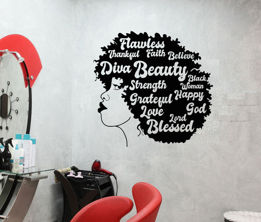 Autocollant mural en vinyle avec mots de motivation pour coiffure de fille africaine (3969ig)