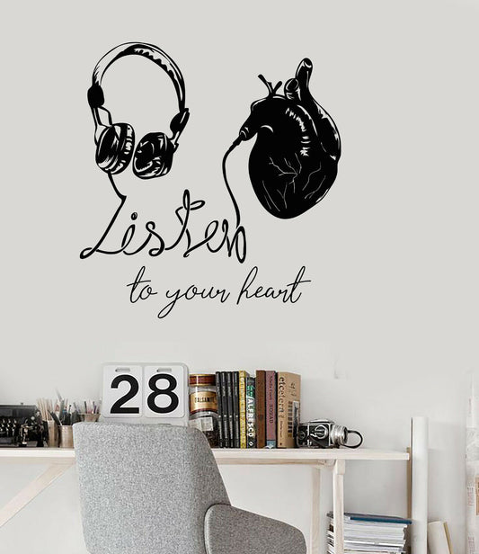 Wandaufkleber mit Zitat „Listen to Your Heart“ aus Vinyl, mit Musik-Kopfhörern (4134ig) 