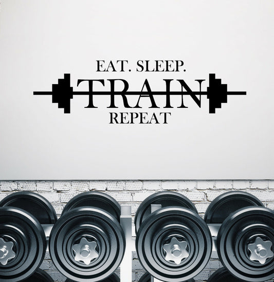 Wandtattoo Fitnessraum, Vinyl, Motiv: „Eat Sleep Repeat Train Barbell Fitness“, 4229ig