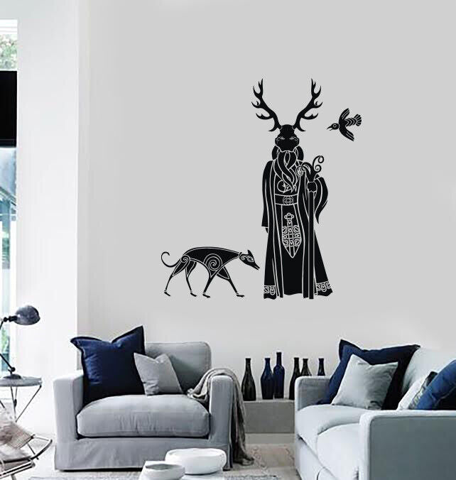 Wall Vinyl Interior Decal Druid in Ritual Mask with Wolf and Bird (n1239)