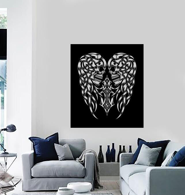 Wall Vinyl Decal White Ornament on Black Skulls With Cross Decor (n1247)