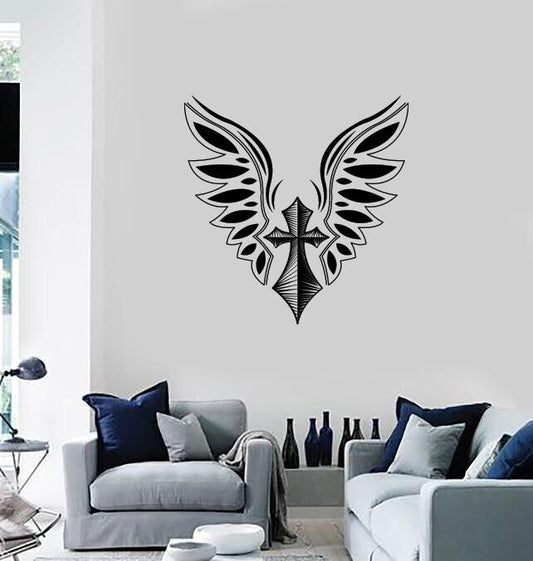 Autocollant mural en vinyle, style tatouage croix et ailes (n1283)