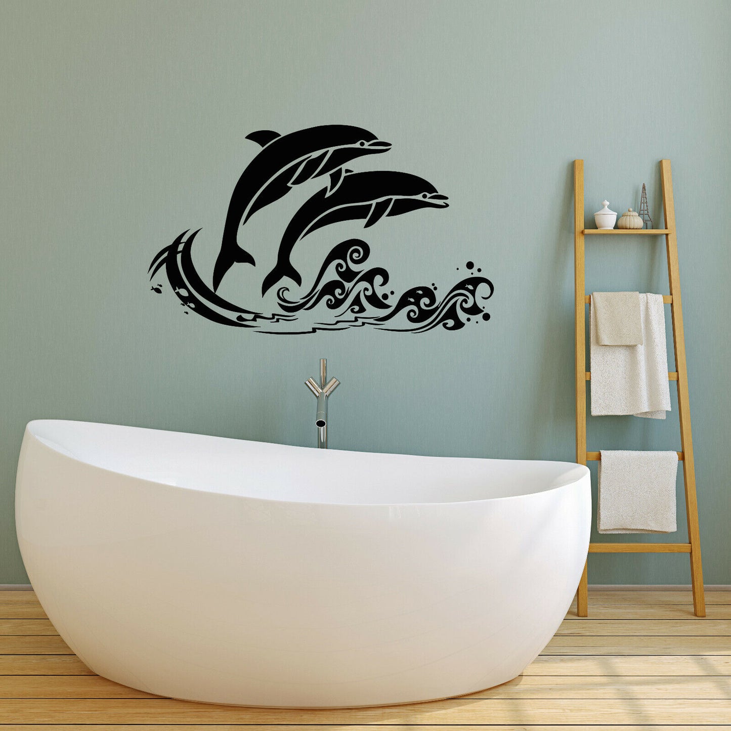 Vinyl Wall Decal Sea Waves Fish Dolphins Nautical Style Stickers (4249ig)