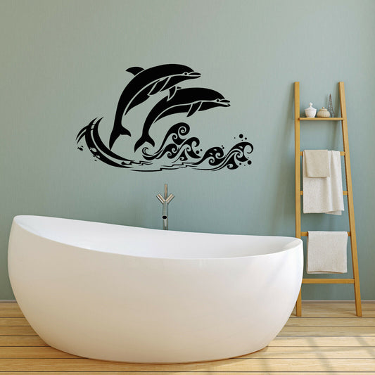 Autocollant mural en vinyle vagues de mer poissons dauphins autocollants de style nautique (4249ig)