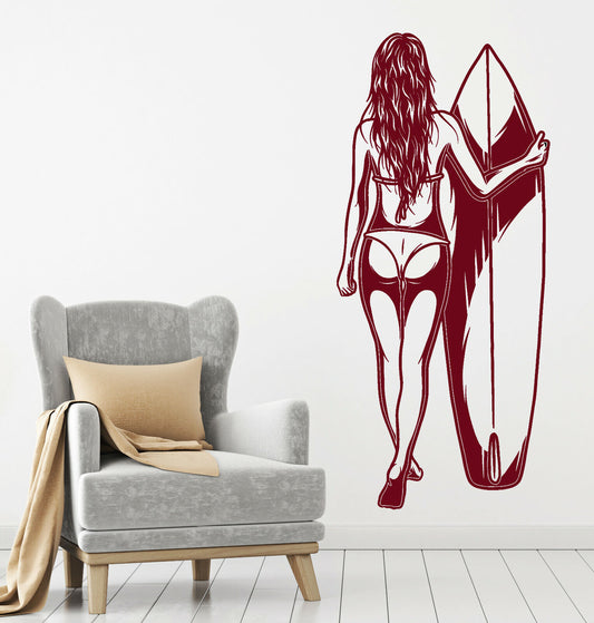 Vinyl Wall Decal Surfer Sexy Naked Girl In Swimsuit Surfboard Stickers (4268ig)