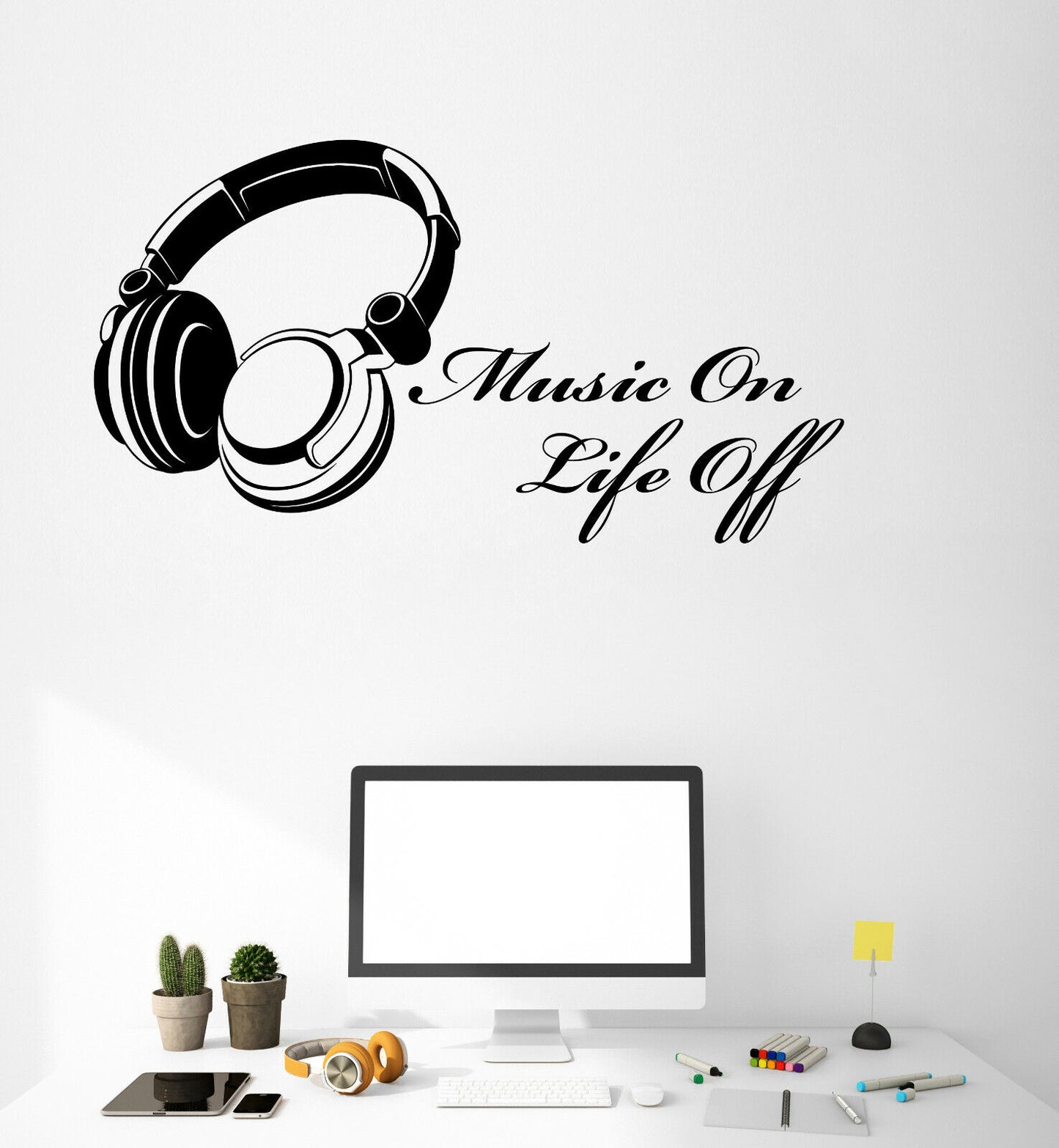 Vinyl Wall Decal Music Lover On Life Off Music Words Headphones Stickers 4305ig