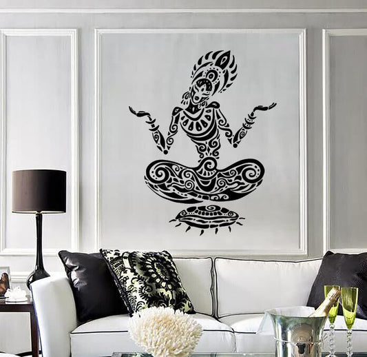 Vinyl Wall Decal Meditation Polynesian Girl in Lotus Pose Tattoo Style (n1331)