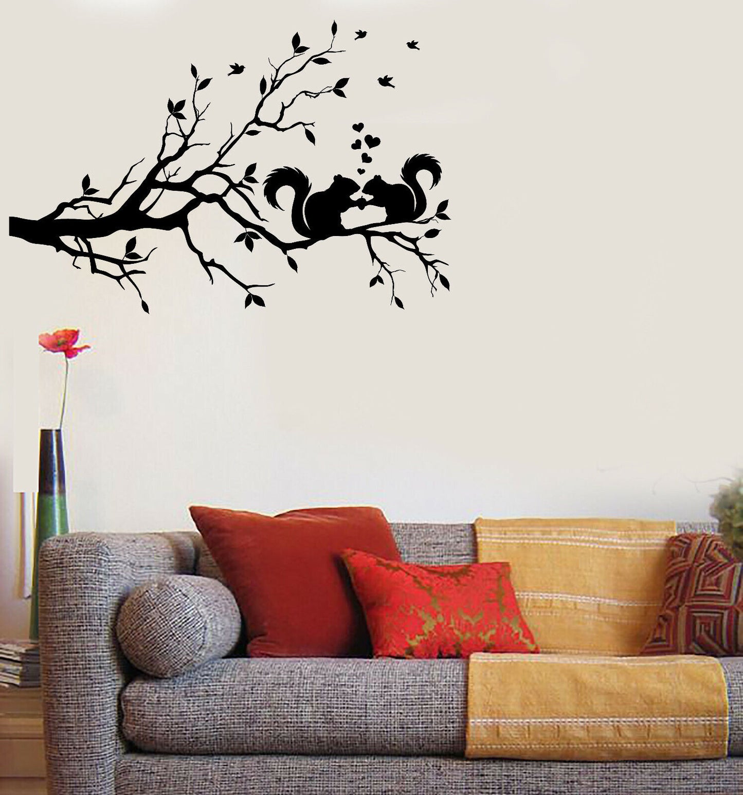 Autocollant mural en vinyle pour amoureux, écureuils sur branche d'arbre, feuilles, cœurs, décor (n1611)