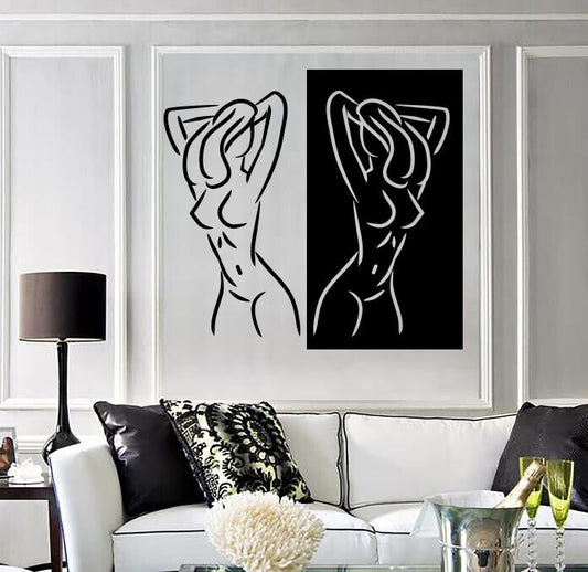 Autocollant mural en vinyle, Silhouette deux filles, beaux seins, cheveux longs (n1762)