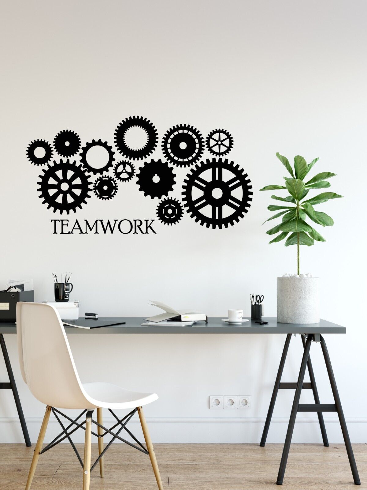 Wandtattoo Teamwork Logo Wort Motivations Zahnräder Vinyl Büroaufkleber 4361ig