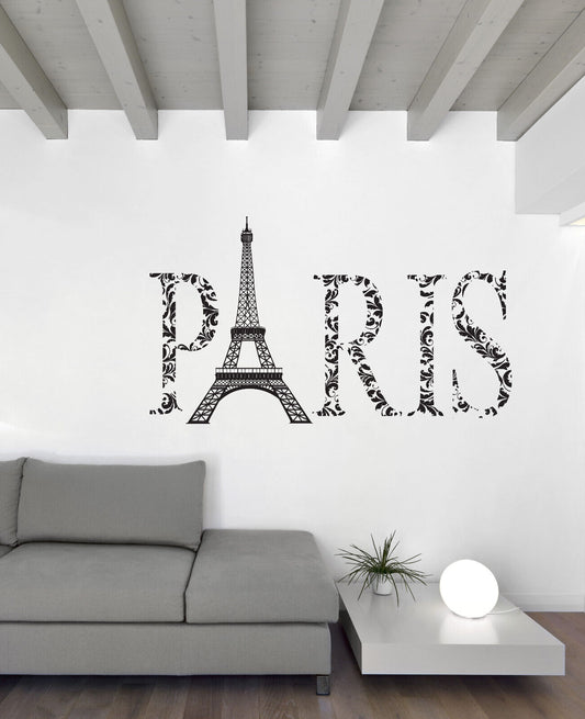 Wandtattoo Eiffelturm Paris Stadt aus Vinyl mit Blumenornament (n1897)