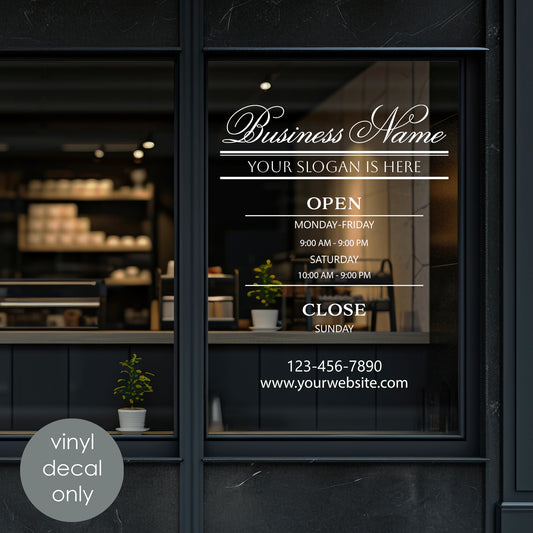 Personalized Business Name Decal – Custom Door, Window & Storefront Sticker with Slogan & Opening Hours w81