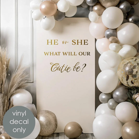 He or She, What Will Our Cutie Be? Vinyl Decal – Gender Reveal Party Decor Backdrop Decoration w036