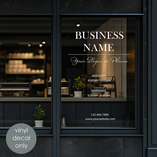 Personalized Business Name & Opening Hours Storefront Vinyl Decal – Custom Window Decor & Door Decoration Sign  w039