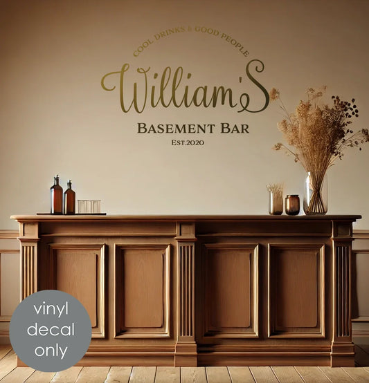 Basement Bar Personalized Name & Est. Vinyl Decal – Custom Home Bar Decoration Wall Sticker w044