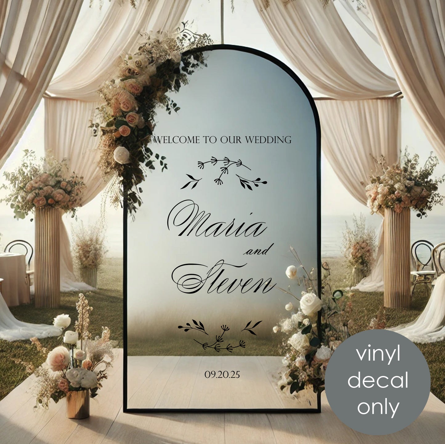 Welcome to Our Wedding Personalized Mirror Decal – Summer Floral Theme with Custom Names & Date w62